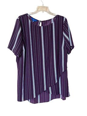 Striped Maroon Asymmetrical Hem Blouse Apt. 9 XXL Polyester Blend Short Sleeve